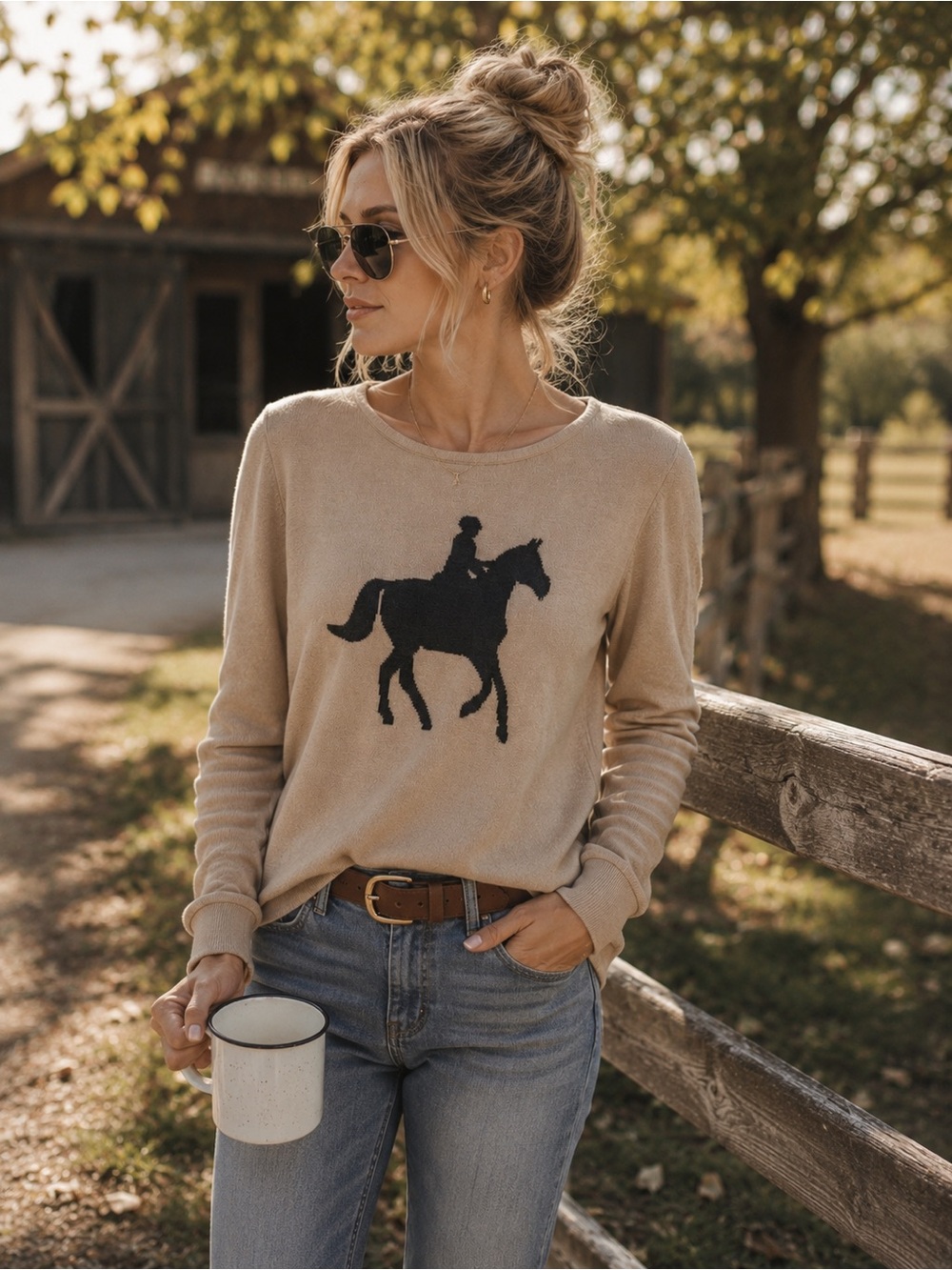 Cremieux Tan Knit Crewneck Sweater with Black Equestrian- XS